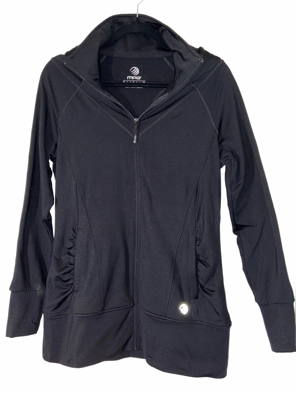 MPG Black Full-Zip Hooded Bomber Jacket with Ruched Pockets